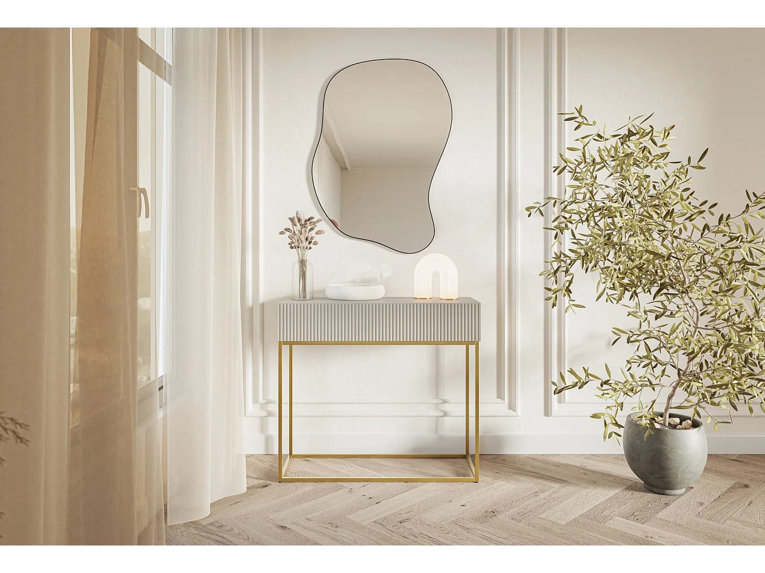 Table console - 90 cm - taupe (gris-beige) - pieds dorés - VELDIO