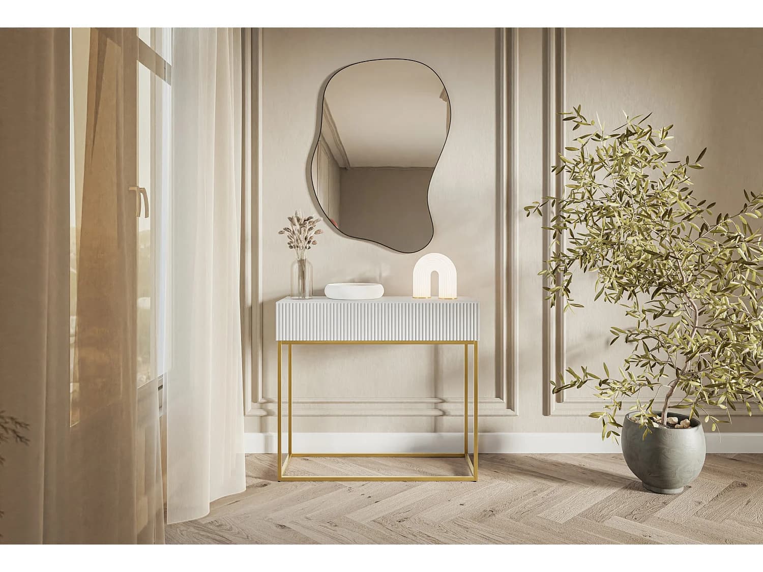 Table console - 90 cm - blanc - pieds dorés - VELDIO
