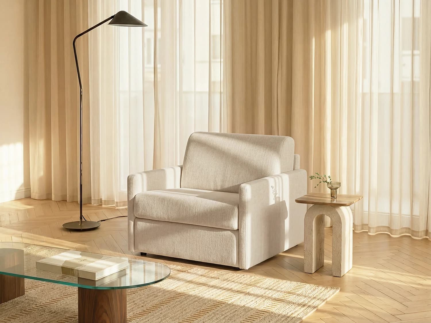Fauteuil convertible express en tissu texturé beige - Matelas 14 cm CALIFE