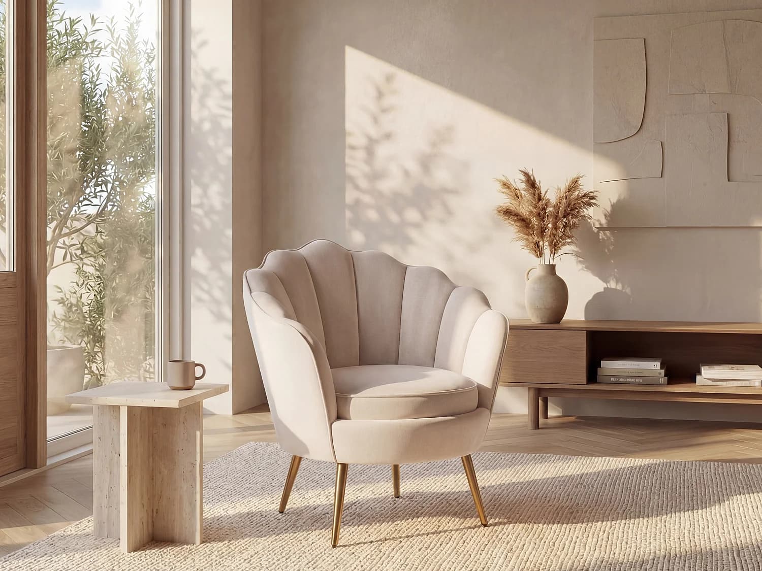 Fauteuil coquillage en velours beige LALEA