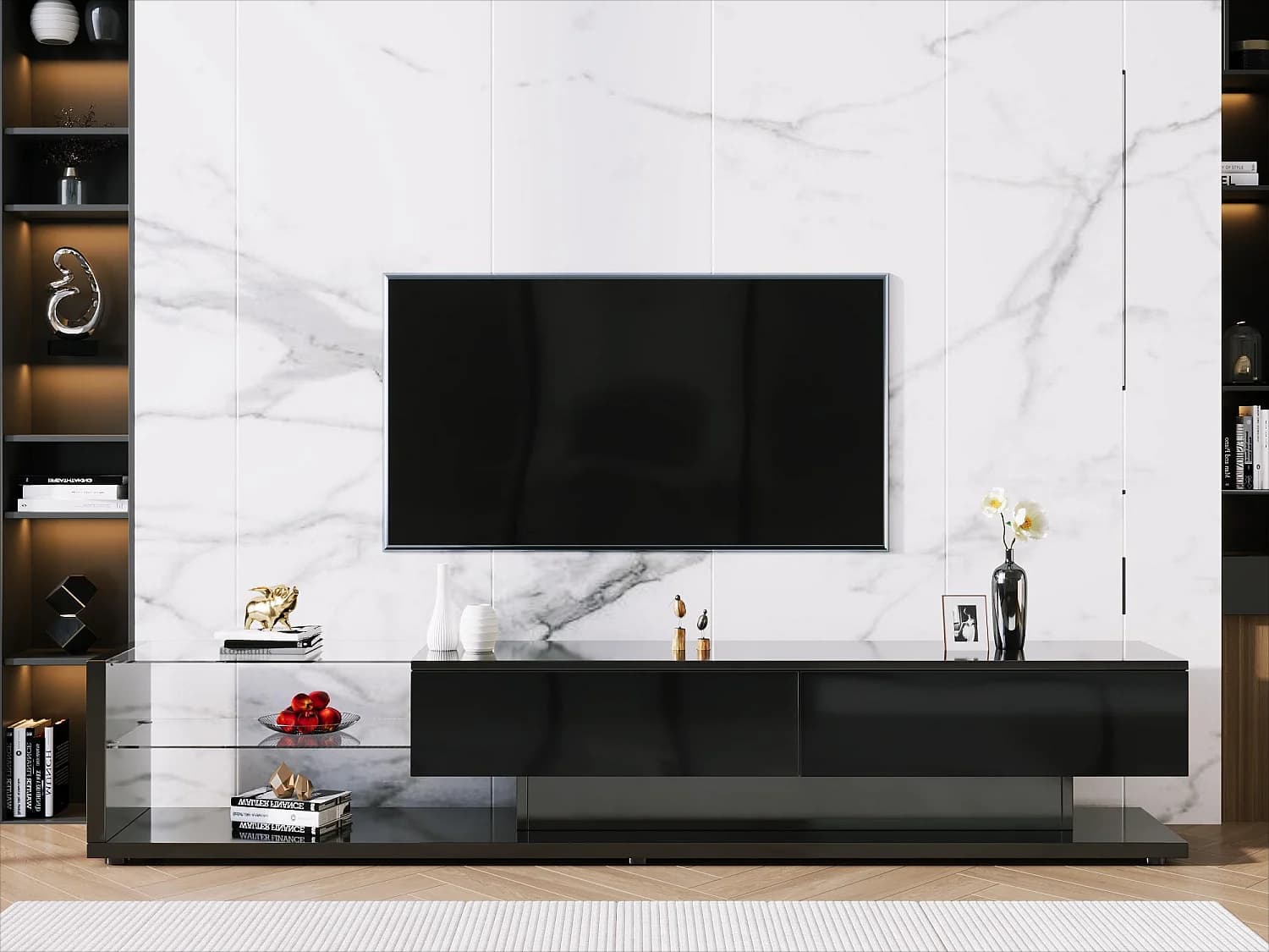 Meubles TV 170 cm - 2 tiroirs et étagères verre - leds - noir brillant