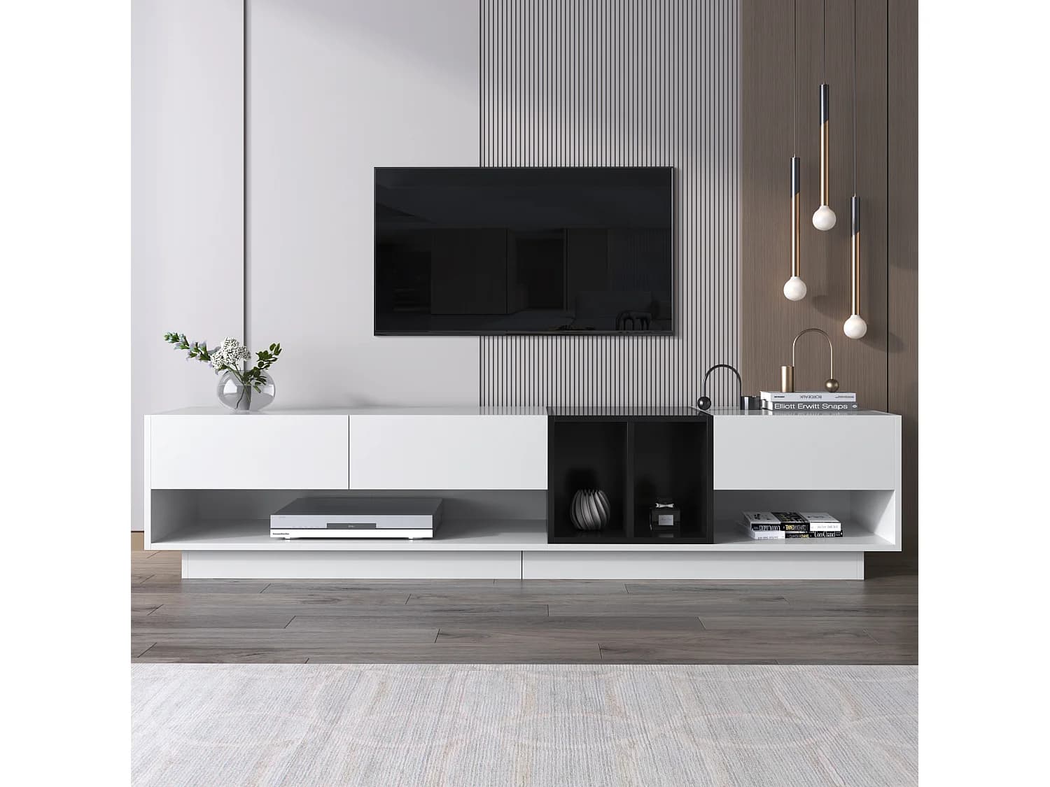 Meuble TV 190 cm - 3 tiroirs et 4 niches - panneaux de particules - coloris blanc et noir