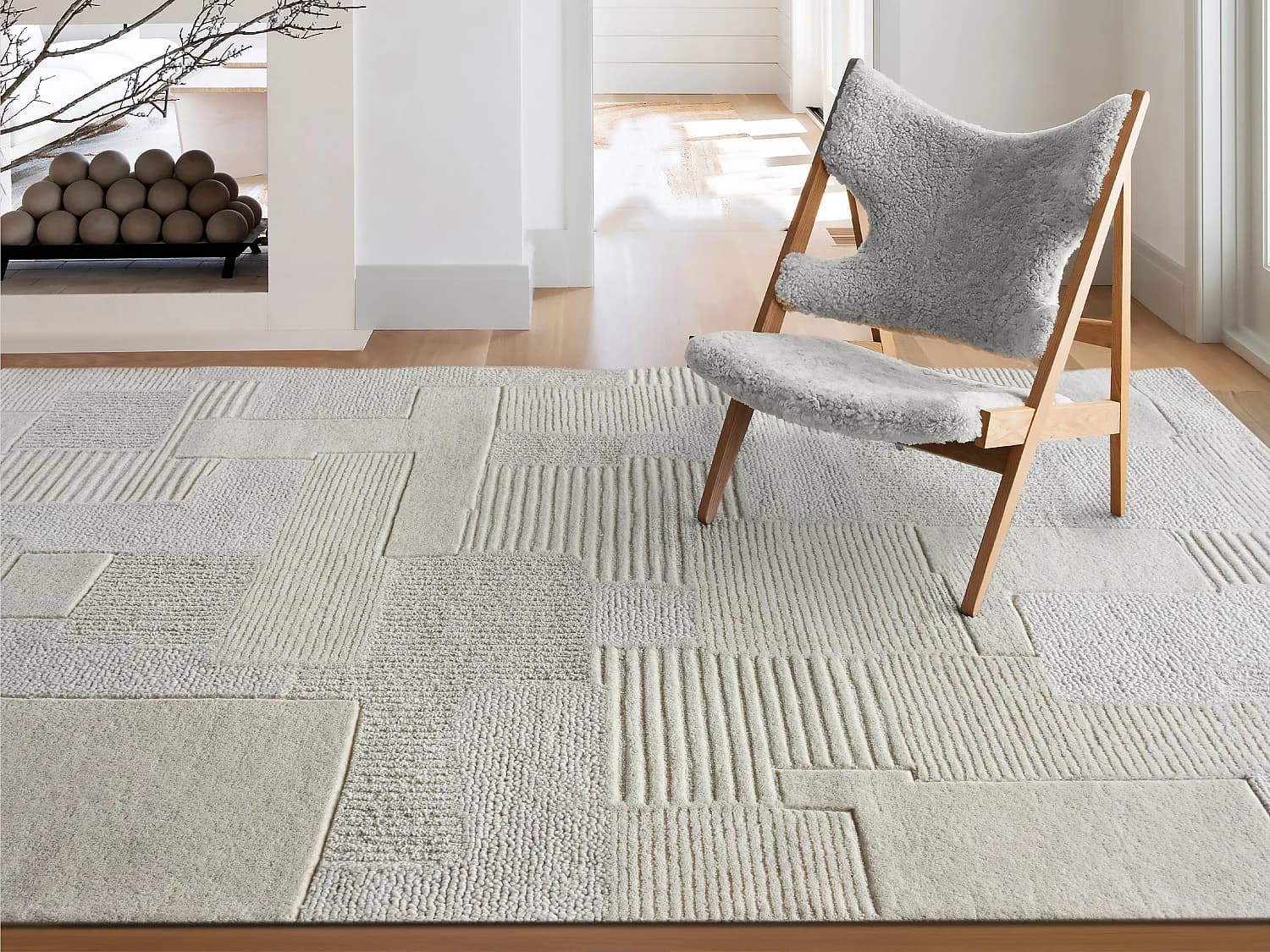Tapis en relief 100% laine fait à la main - 160 x 230 cm - 1800g/m2 - Ivoire - AURORA