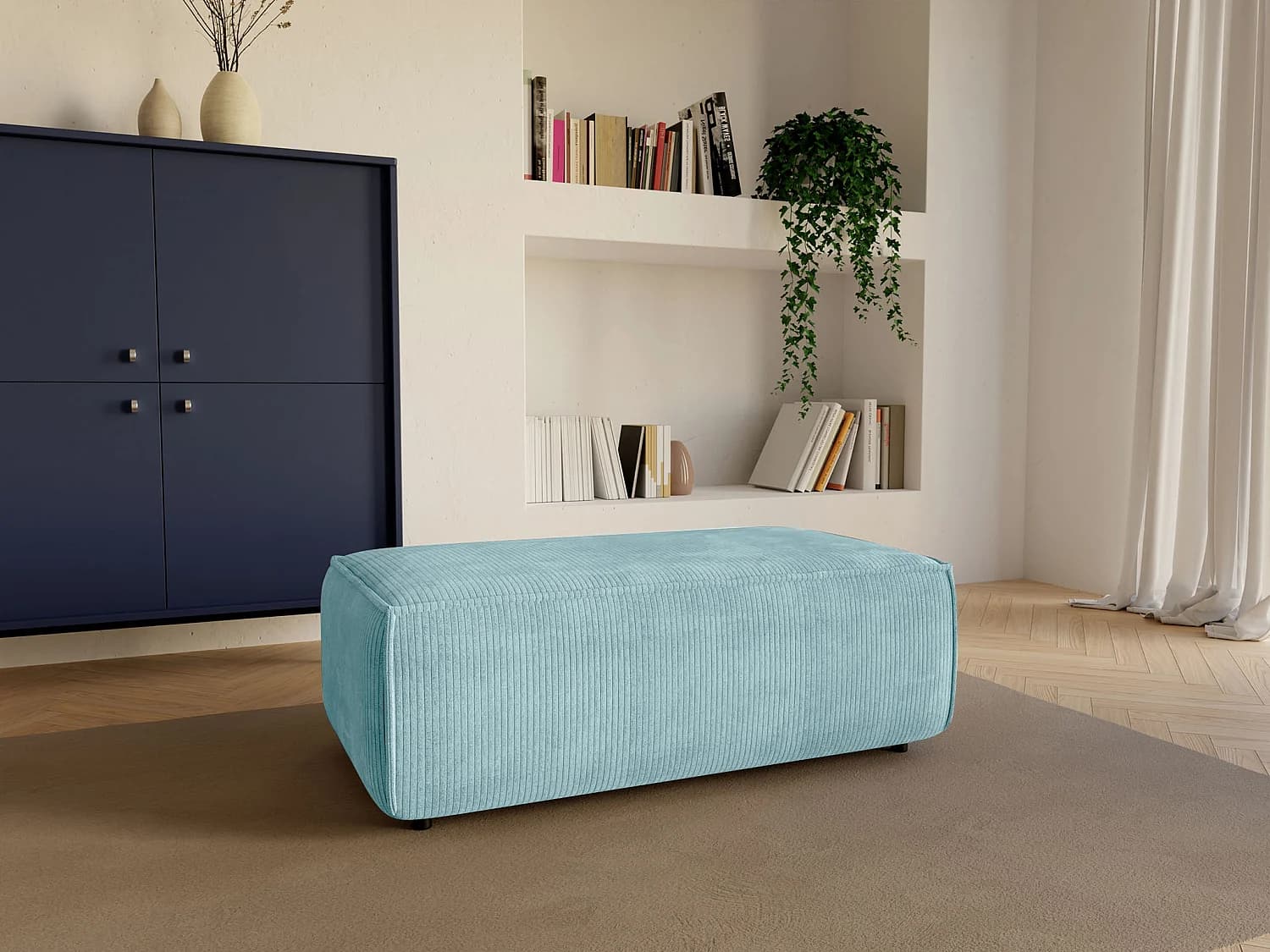 Pouf en velours côtelé bleu turquoise AMELIA