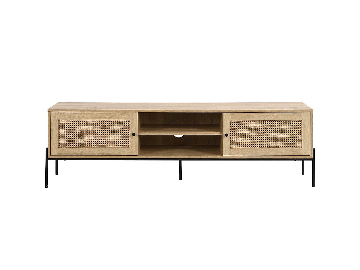 Meuble TV 2 portes en cannage naturel et effet chêne 160 cm - Iris