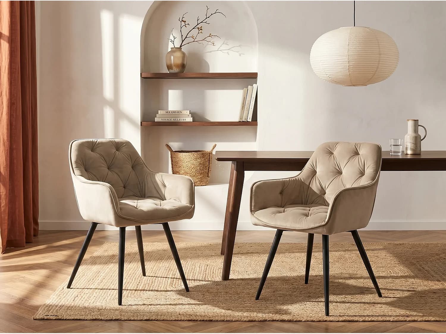 Lot de 2 chaises avec accoudoirs en velours et métal noir - Beige - MOBELIA