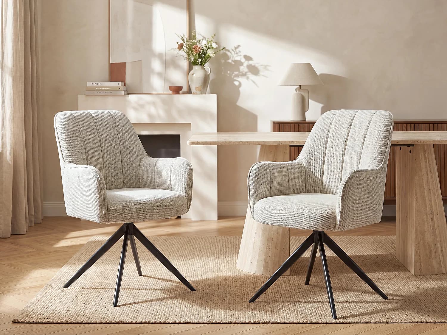 Lot de 2 chaises pivotantes avec accoudoirs en tissu et métal noir - Crème - LEJINA