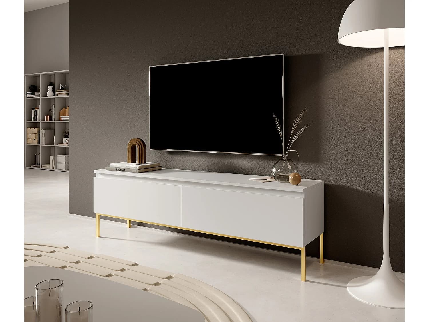 Meuble TV - 150 cm - blanc avec pieds dorés - BEMMI