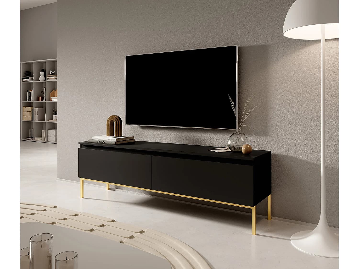 Meuble TV - 150 cm - noir avec pieds dorés - BEMMI