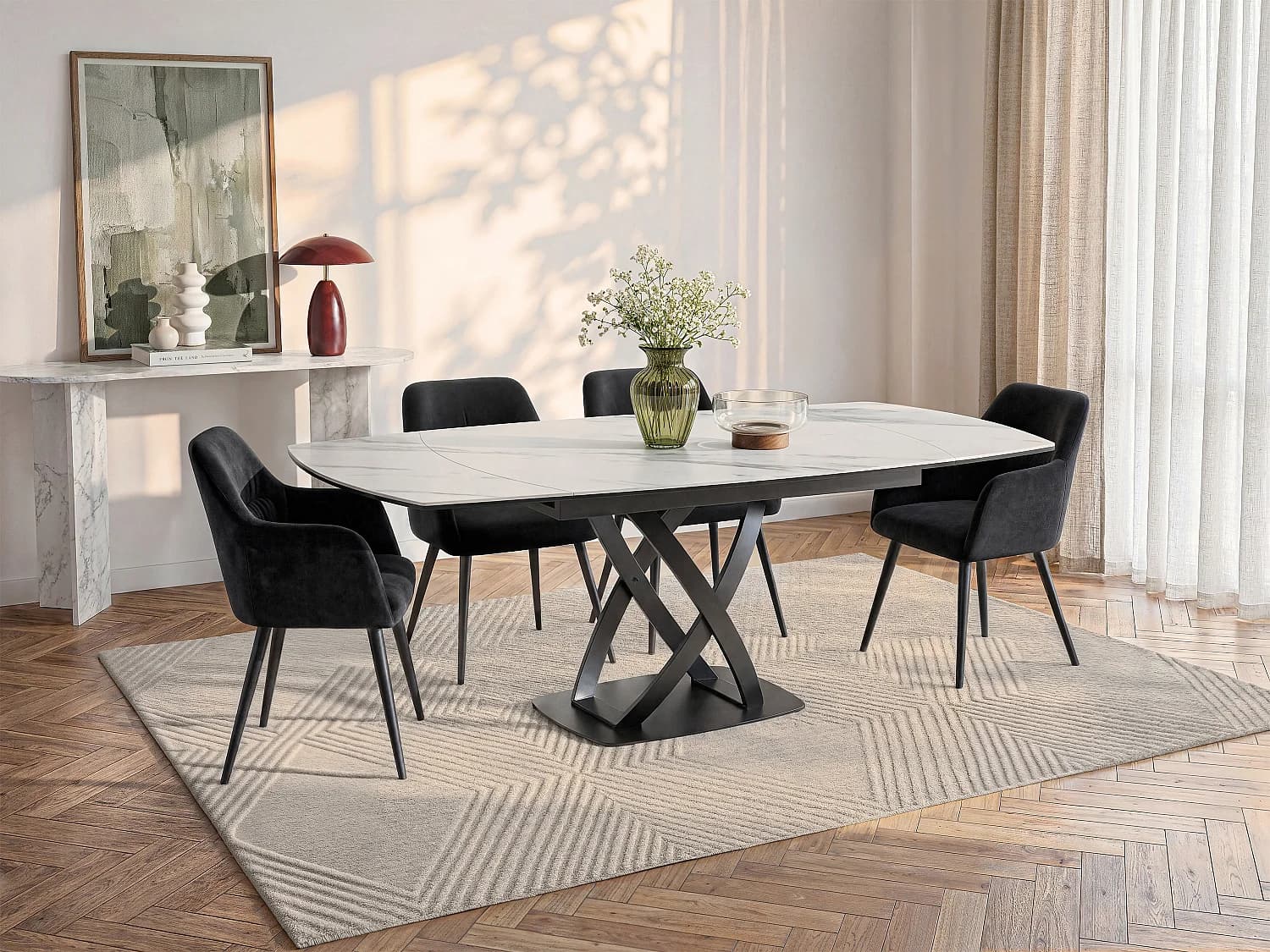 Table à manger extensible 4 à 8 personnes en céramique, verre trempé et acier inoxydable - Effet marbre blanc et Noir - LIOMELI de Maison Céphy