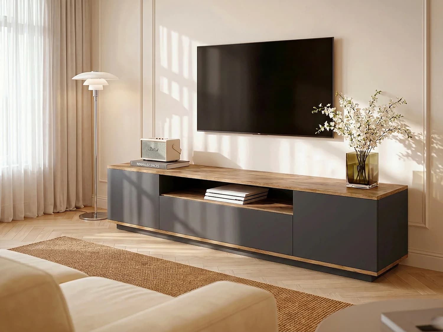 Meuble TV avec 3 portes et 1 niche - Anthracite et naturel - LOTULA