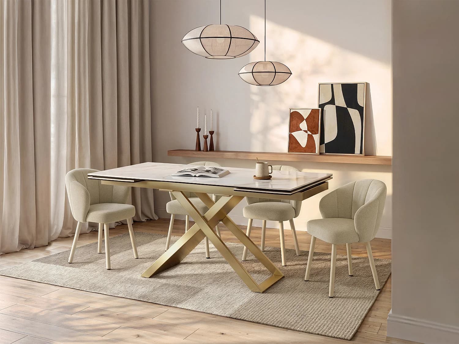 Table à manger extensible 6 à 10 personnes en céramique, verre trempé et métal - Effet marbre blanc et Doré - XERENA de Maison Céphy