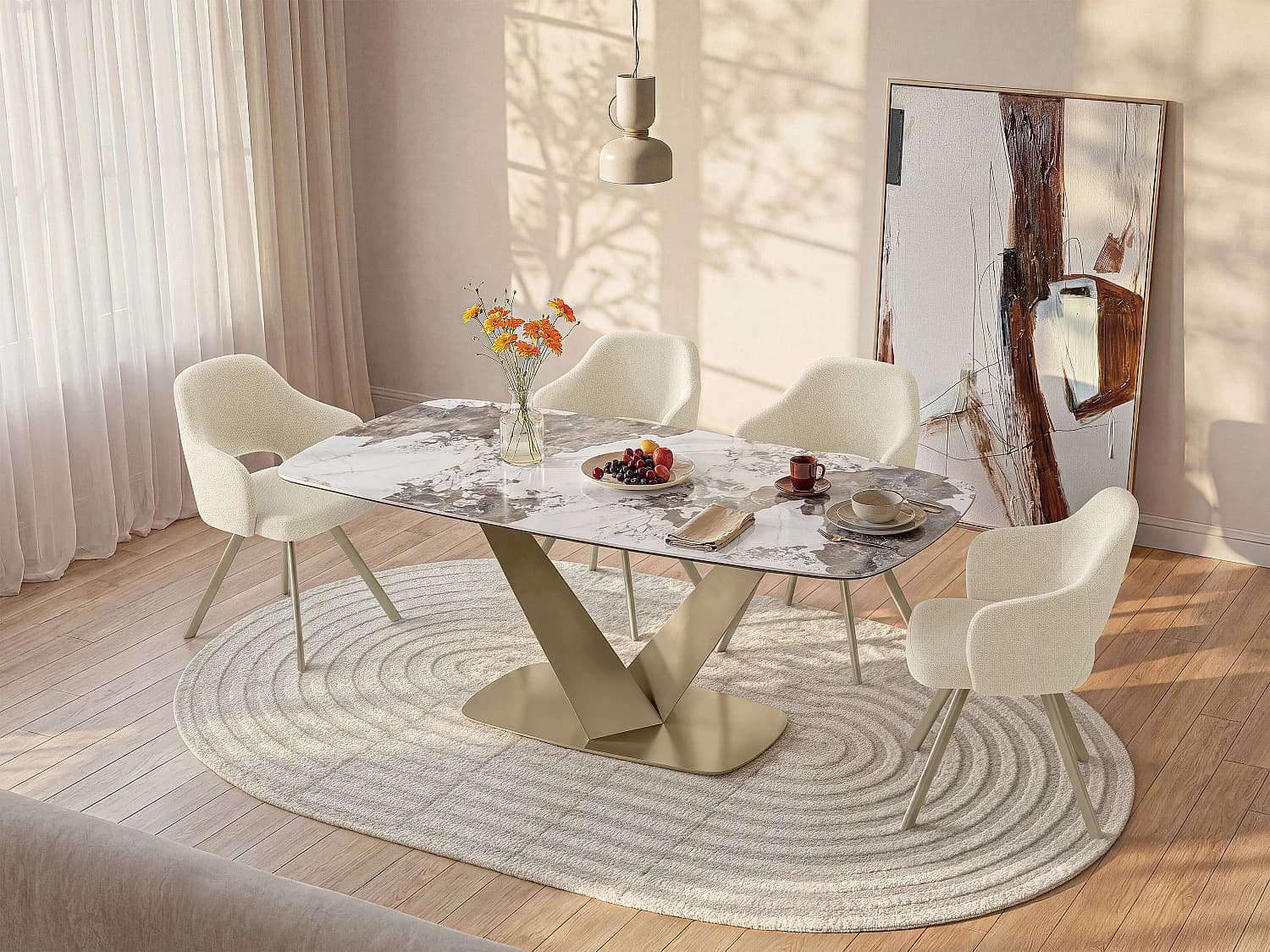 Table à manger 6 personnes en céramique, verre trempé et métal doré - Effet marbre blanc et gris - PORELIMA de Maison Céphy