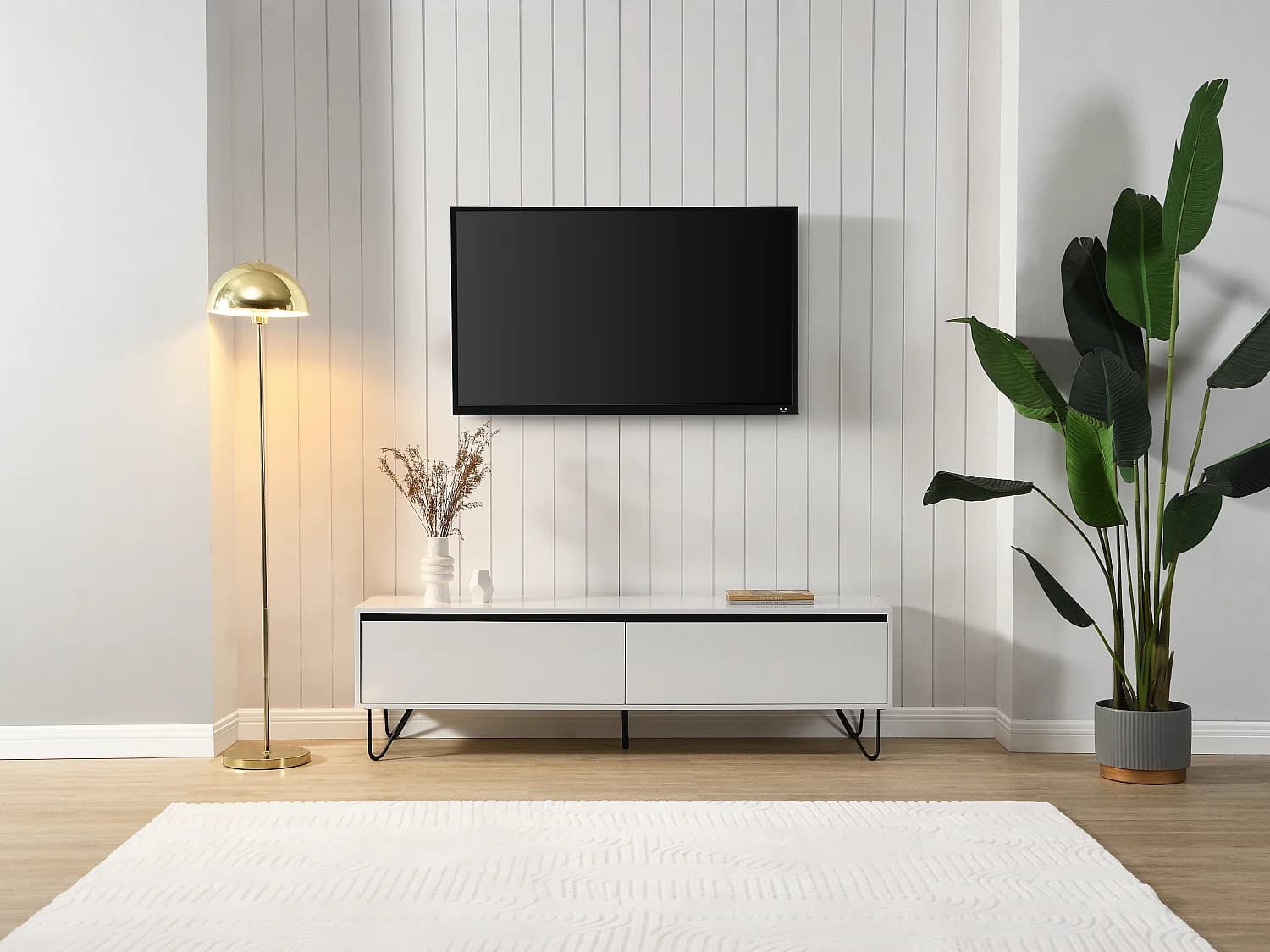 Meuble TV avec 2 portes en MDF et acier - Blanc et Noir - ABUJA