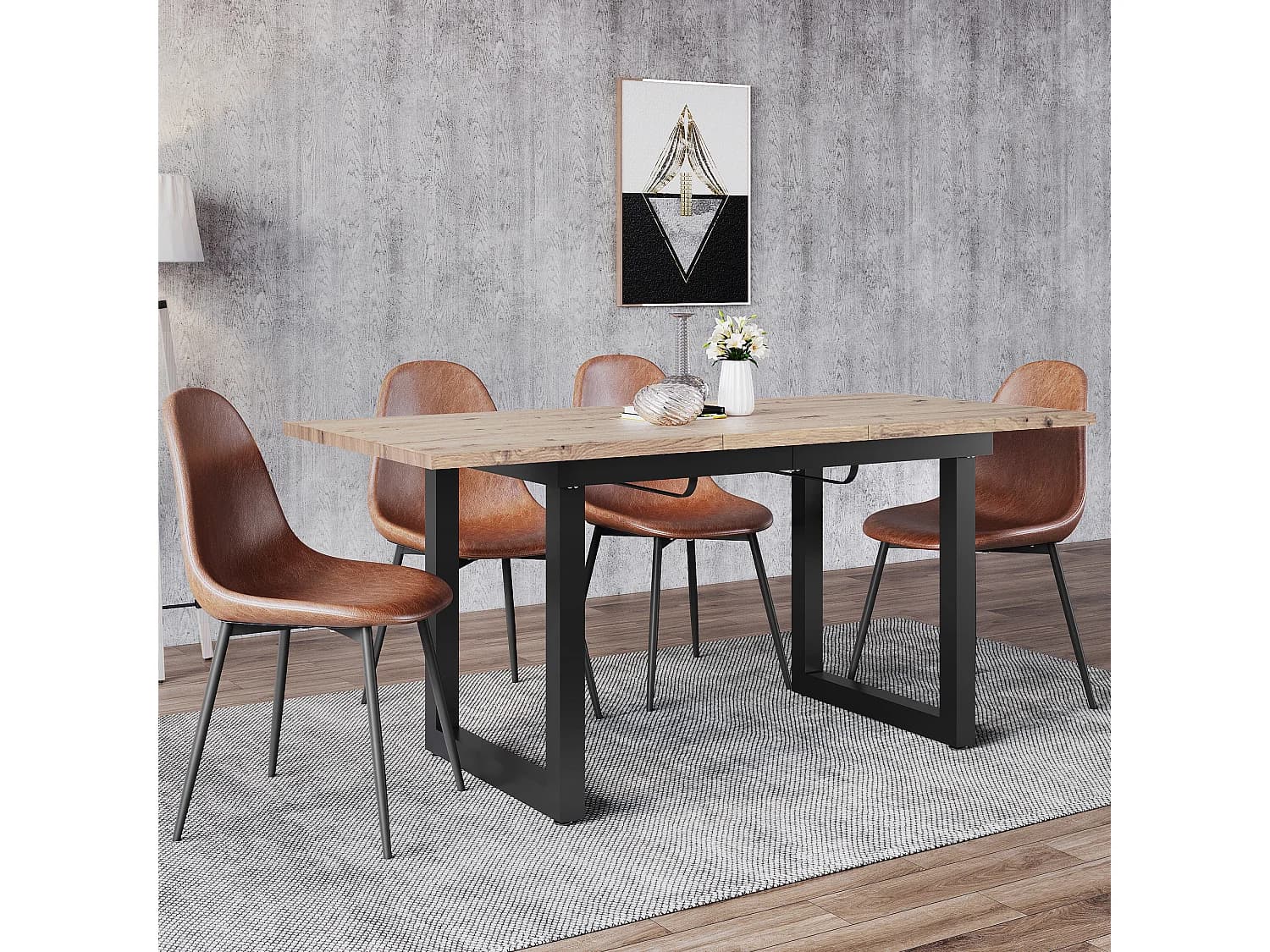 Table à manger extensible 2 à 6 couverts en Panneaux de particules et métal - Naturel et noir