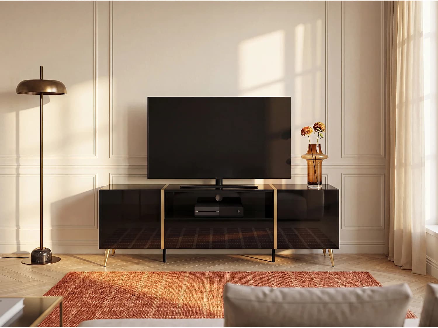 Meuble TV avec 2 portes, 1 tiroir et 1 niche - Noir brillant et Doré - MARZIALO