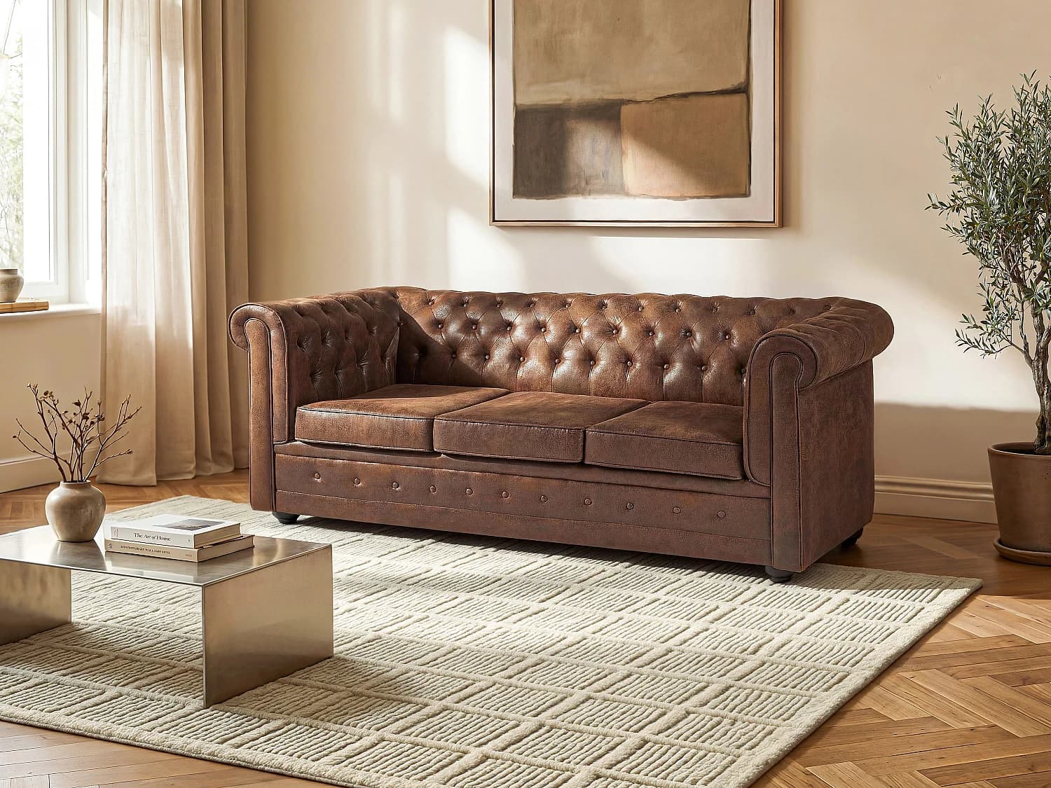 Canapé 3 places convertible en microfibre aspect cuir vieilli CHESTERFIELD