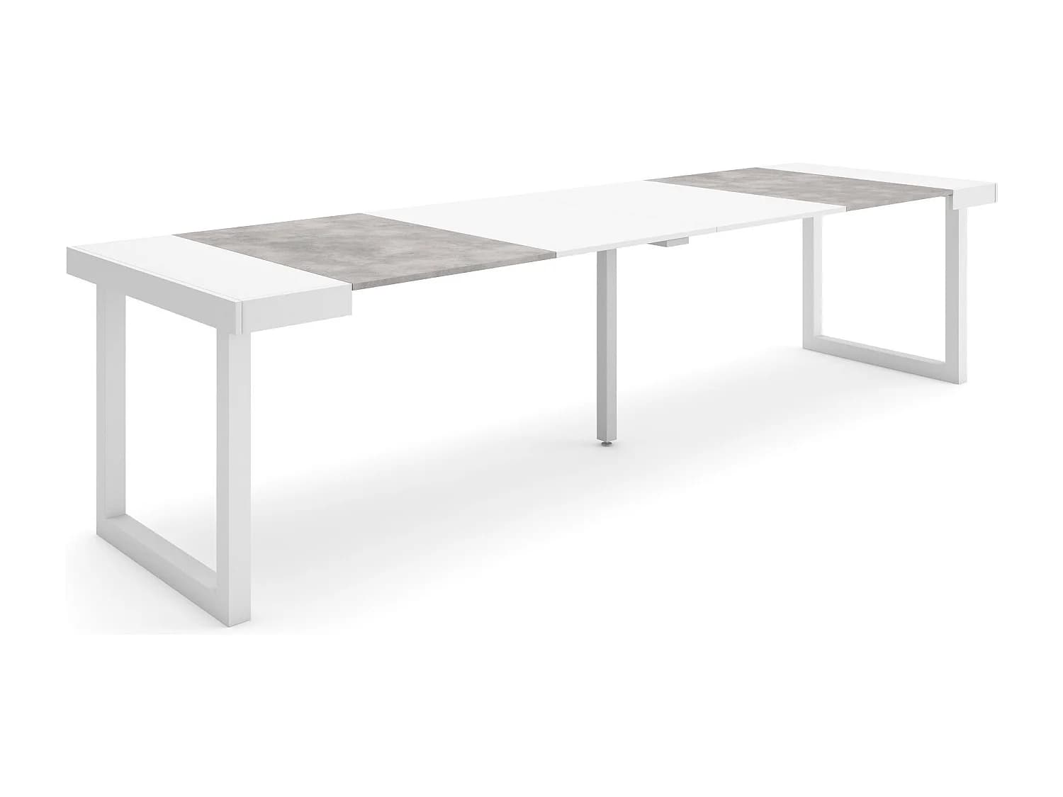 Table console extensible, 302x90x73cm, Pour 14 personnes, Pieds bois massif, Blanc et ciment