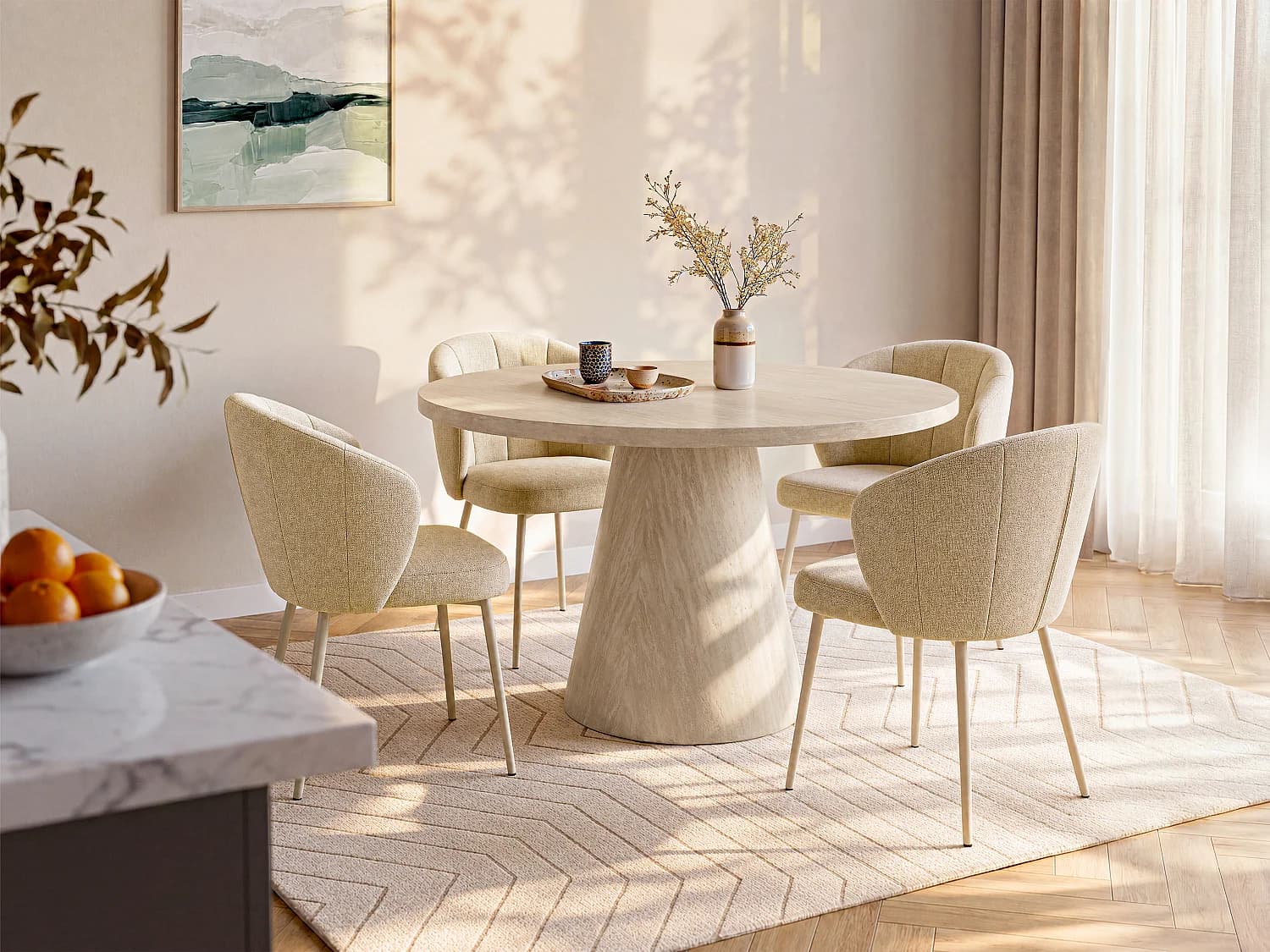Table à manger 4 personnes en MDF - Effet travertin beige - LARIOZA