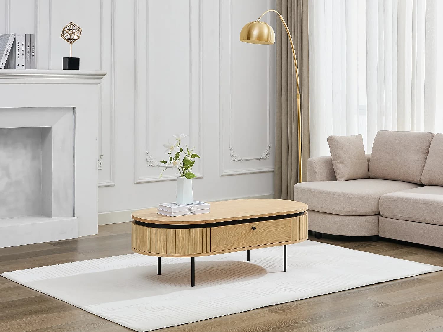Table basse avec 2 tiroirs placage chêne et métal - Naturel clair et Noir - CARDIONA