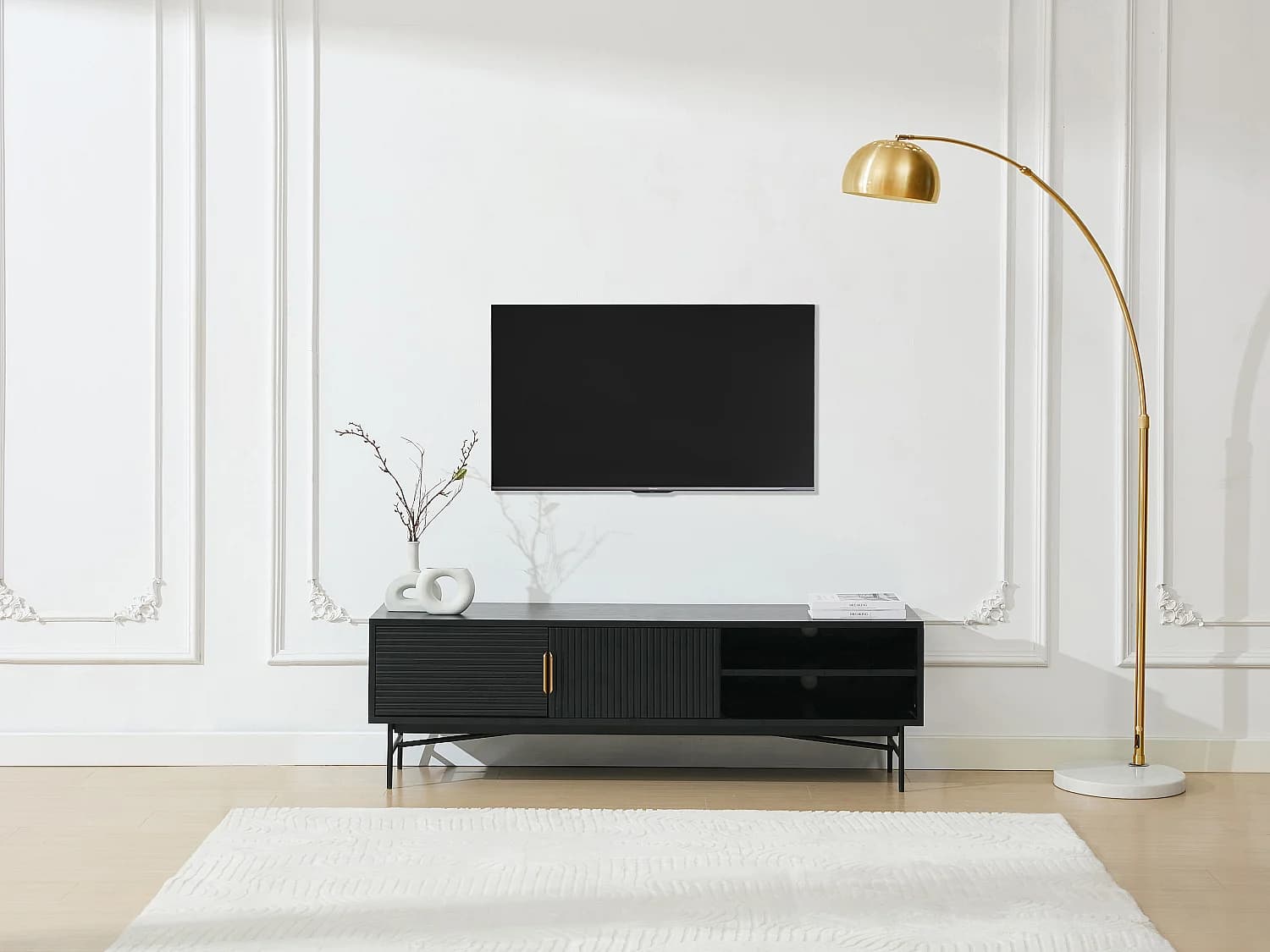 Meuble TV avec 2 portes et 2 niches placage chêne et métal - Noir et Doré - SIRIOLA