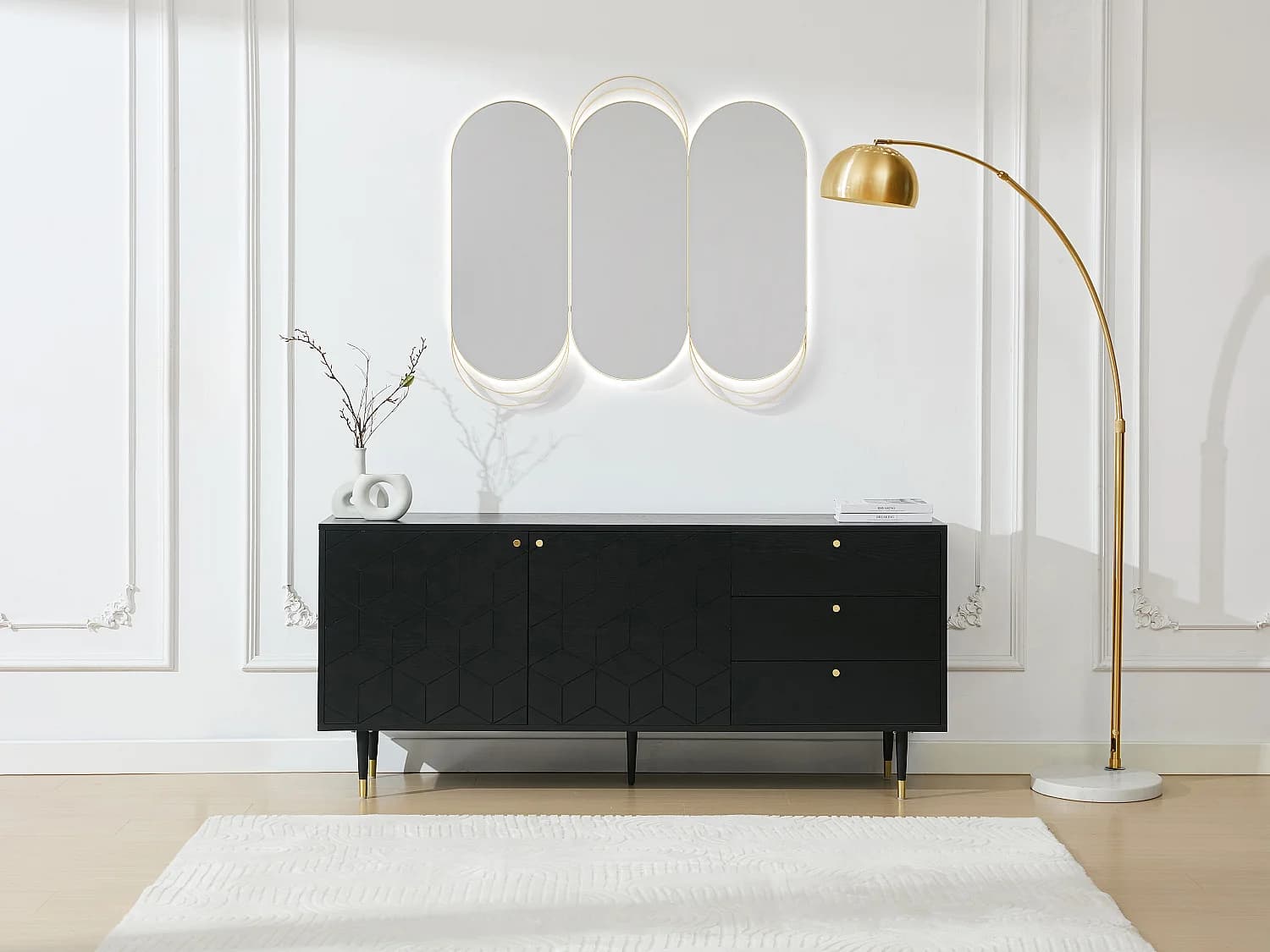 Buffet avec 2 portes et 3 tiroirs placage chêne - Noir et doré - PARIOMA