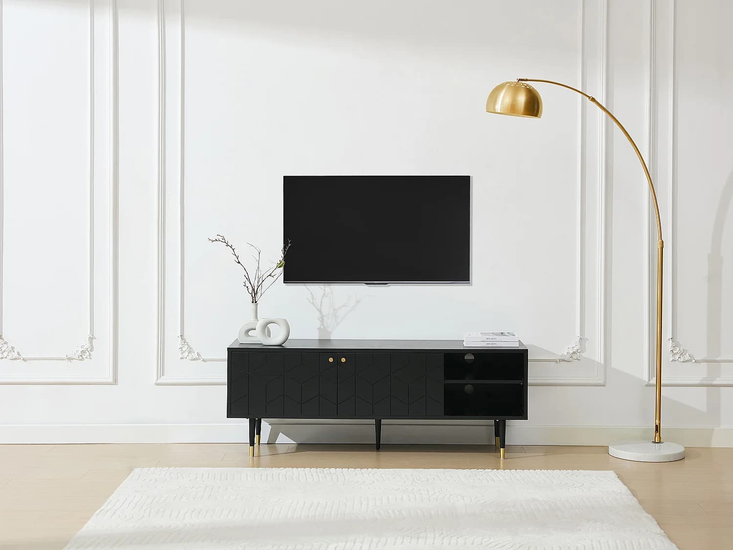 Meuble TV avec 2 portes et 2 niches placage chêne - Noir et doré - PARIOMA