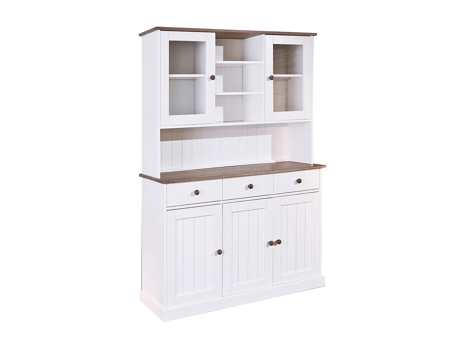SOCOA - Buffet Vaisselier 5 Portes 3 Tiroirs Bois Massif Vernis Sepia et Blanc