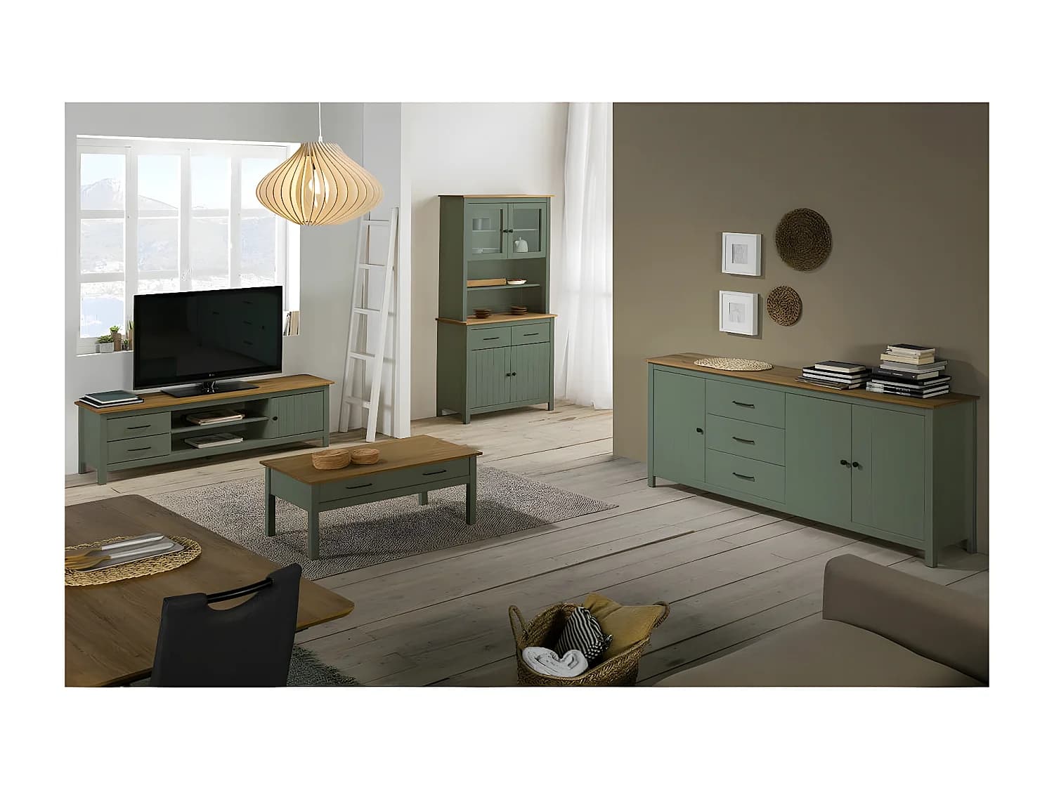 TINA - Buffet Haut 4 Portes 2 Tiroirs Bois Ciré et Vert