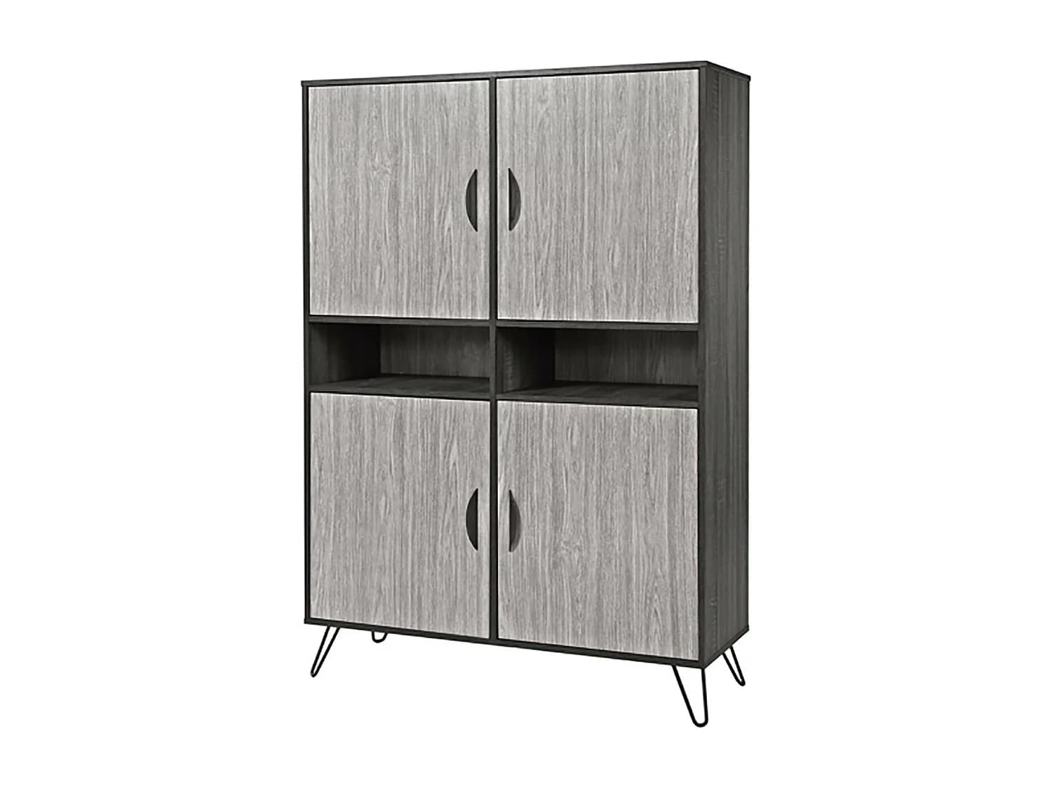 ASCA - Meuble Bar 4 Portes Décir Chêne Gris Cendré et Piètement Métal