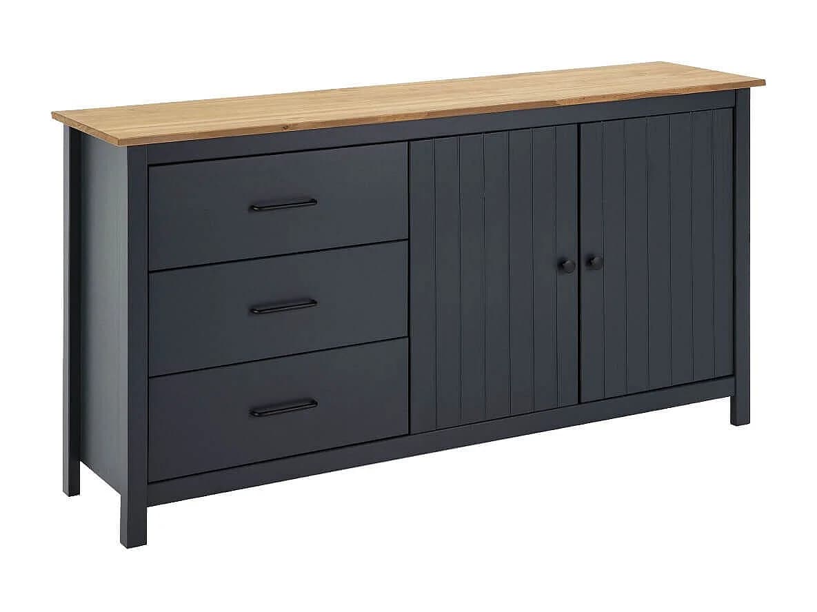 TINA - Buffet Bas 2 Portes 3 Tiroirs Bois Ciré coloris Bleu Pétrole