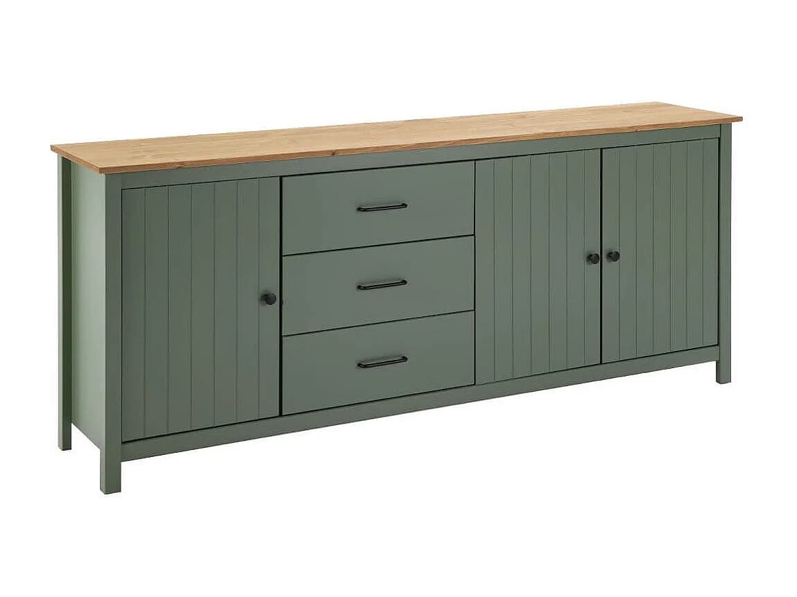TINA - Buffet Bas 3 Portes 3 Tiroirs Bois Ciré et Vert