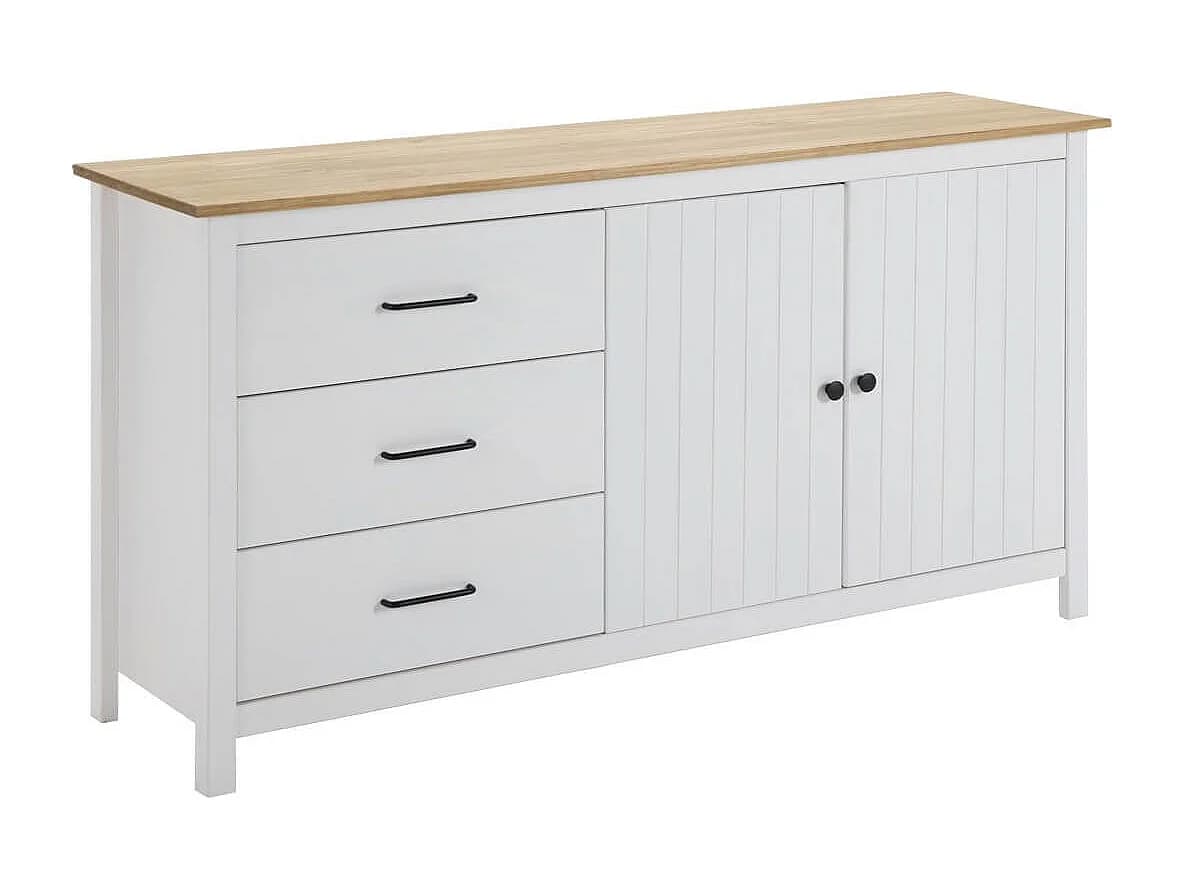 TINA - Buffet Bas 2 Portes 3 Tiroirs Bois Ciré et Blanc