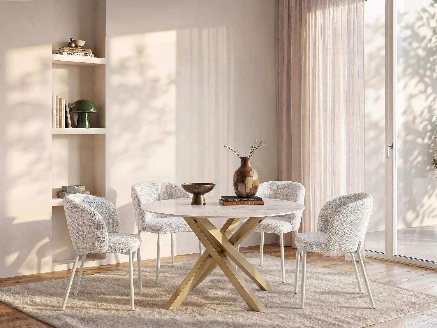 Table à manger ronde 4 personnes en céramique et métal doré - Effet marbre blanc - LENUMIA
