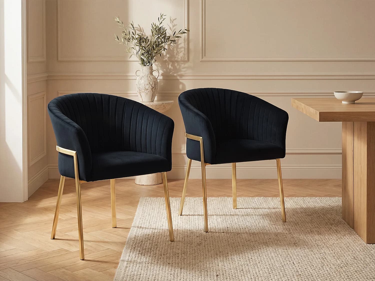 Lot de 2 chaises avec accoudoirs en velours et métal doré - Noir - ZAOVA
