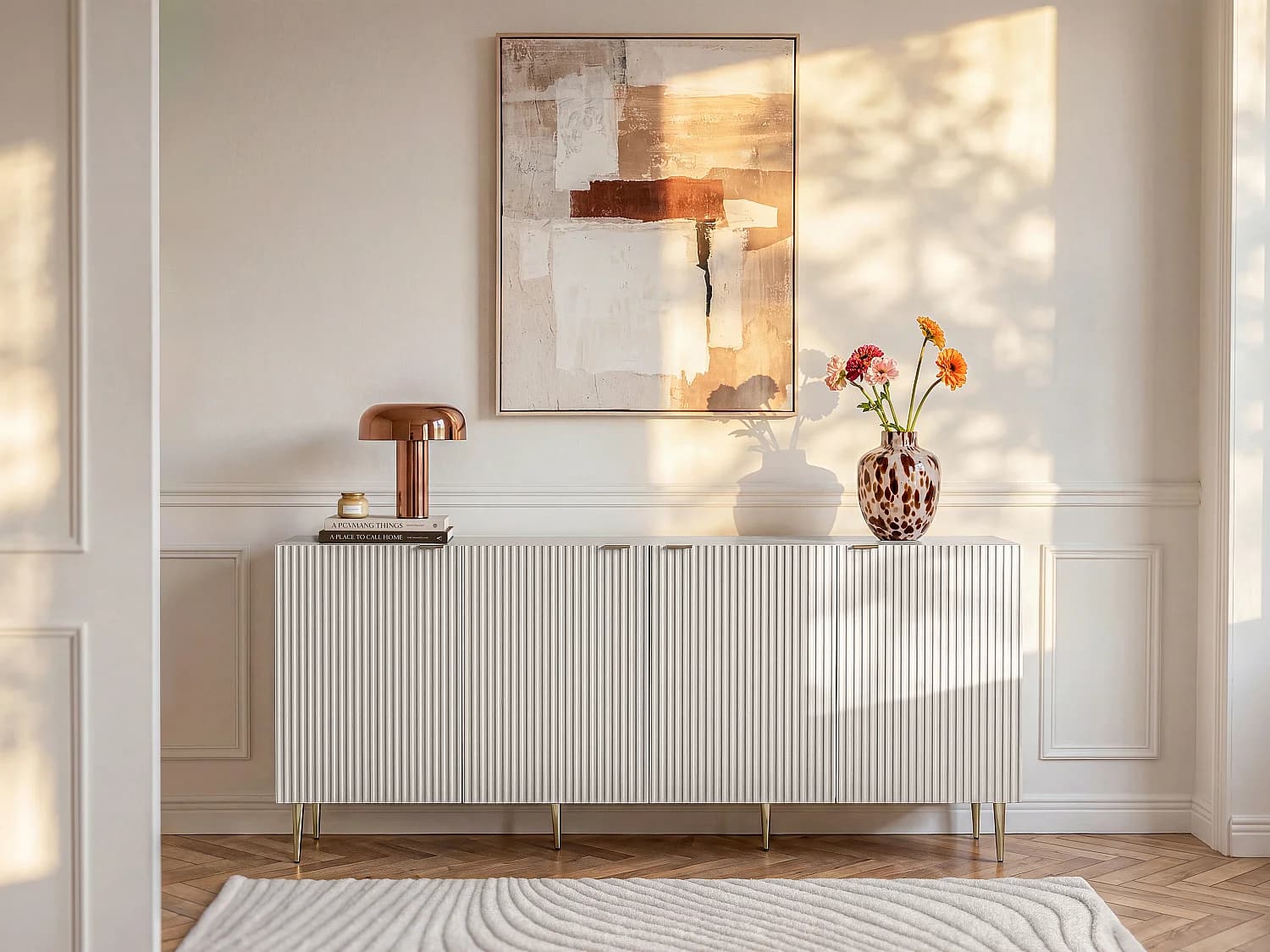 Buffet avec 4 portes en MDF et acier - Beige et Doré - YESINIA