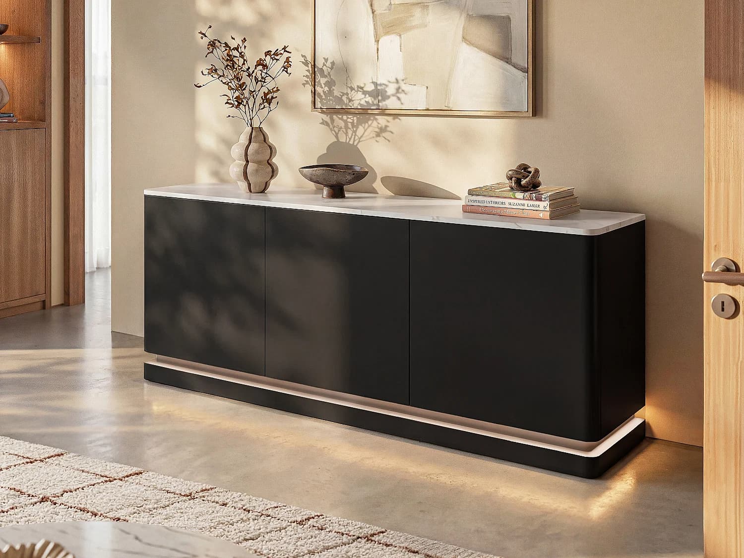 Buffet 3 portes avec LEDs en MDF - Noir et effet marbre blanc - DEVIKA