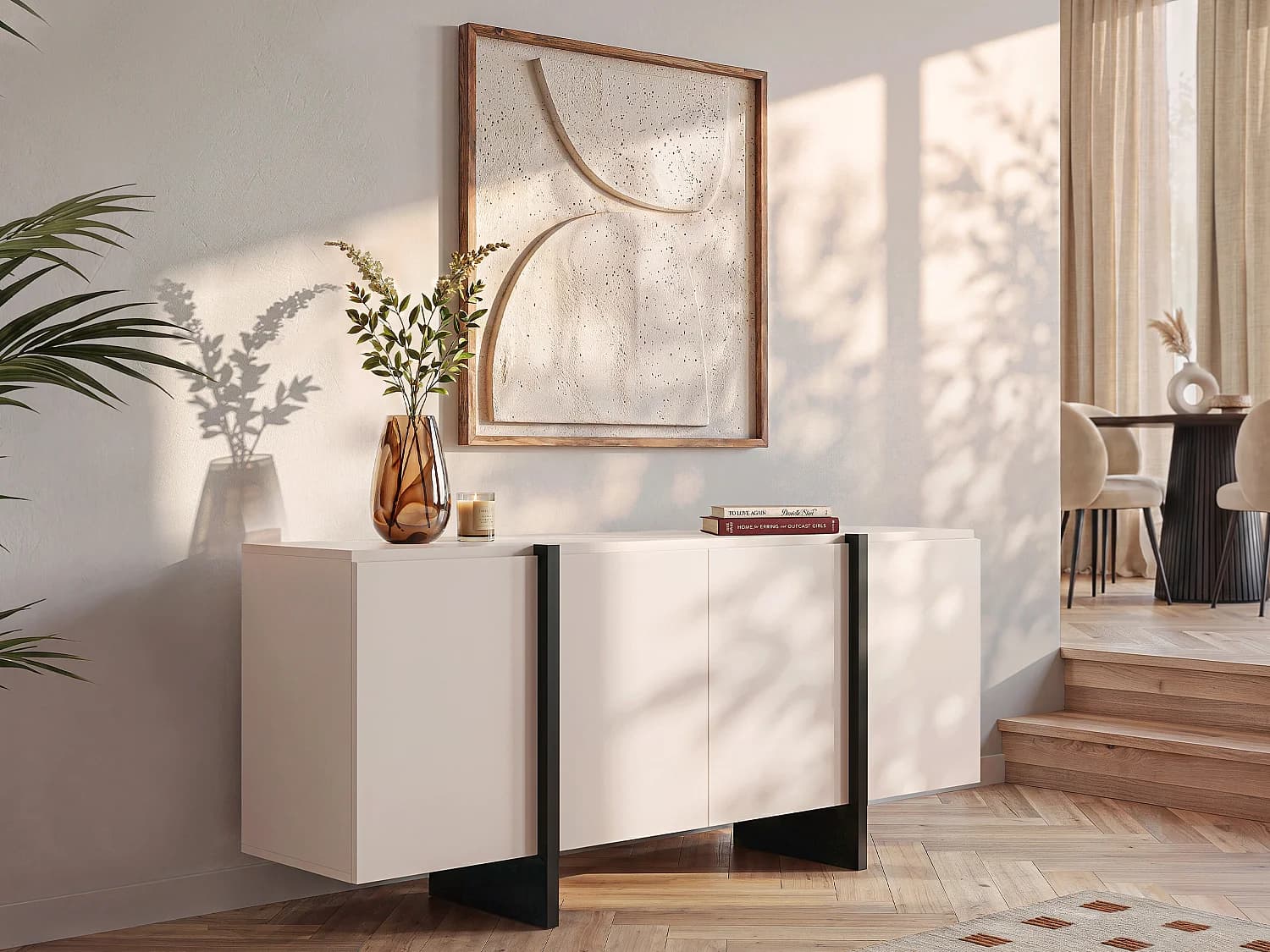 Buffet avec 4 portes en MDF - Beige et Noir - LUVONIA