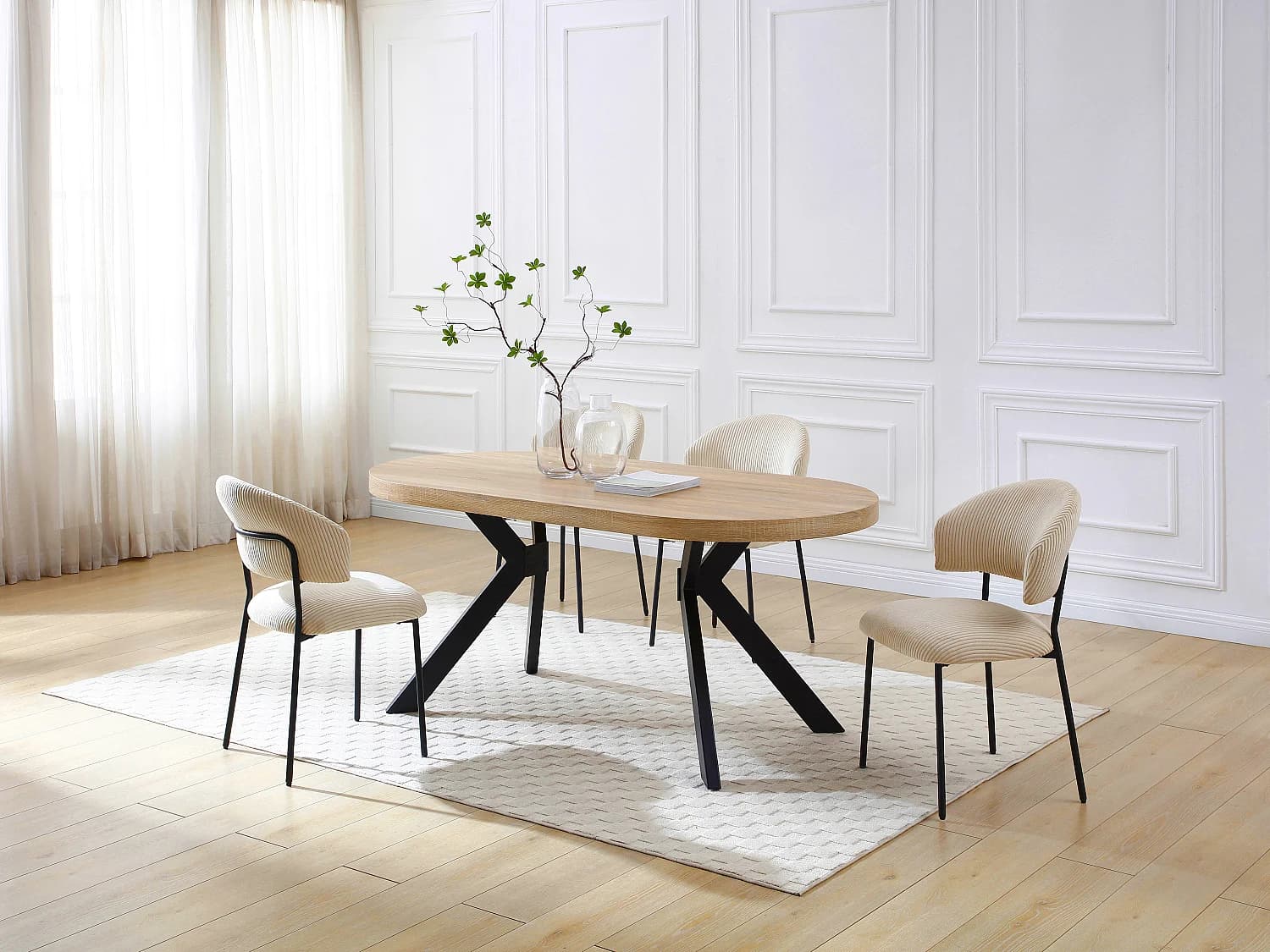 Table à manger 6 personnes en MDF et acier - Naturel clair et Noir - KOMONI