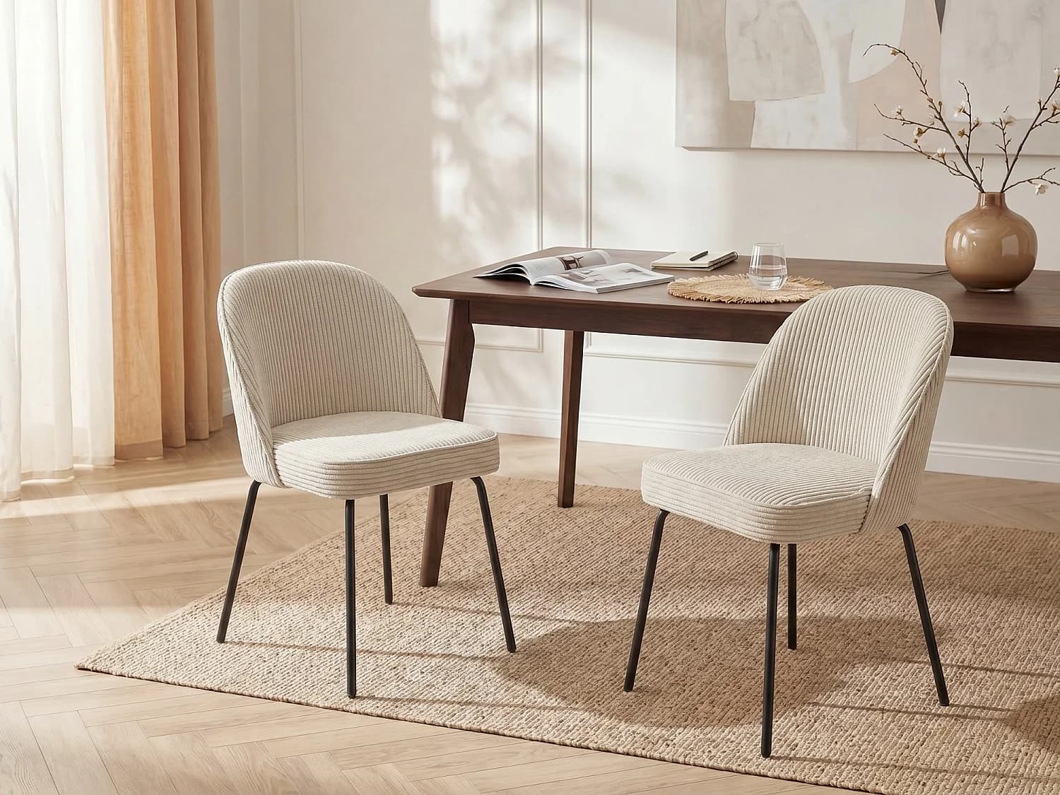 Lot de 6 chaises en velours côtelé et métal noir - Crème - ALPALI