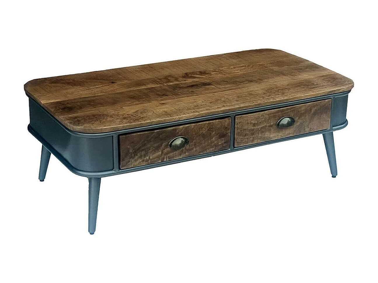 PALISSO - Table Basse 2 Tiroirs Bois et Acier Patiné