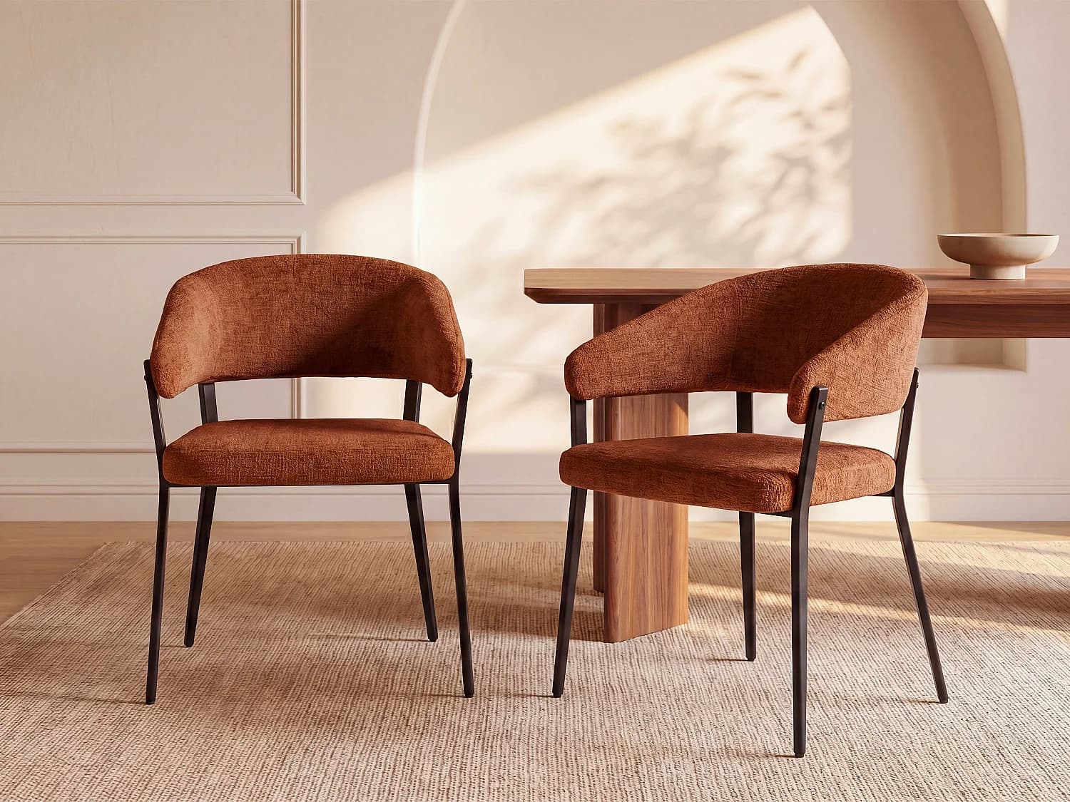 Lot de 2 chaises avec accoudoirs en tissu et métal noir - Terracotta - AVRELA