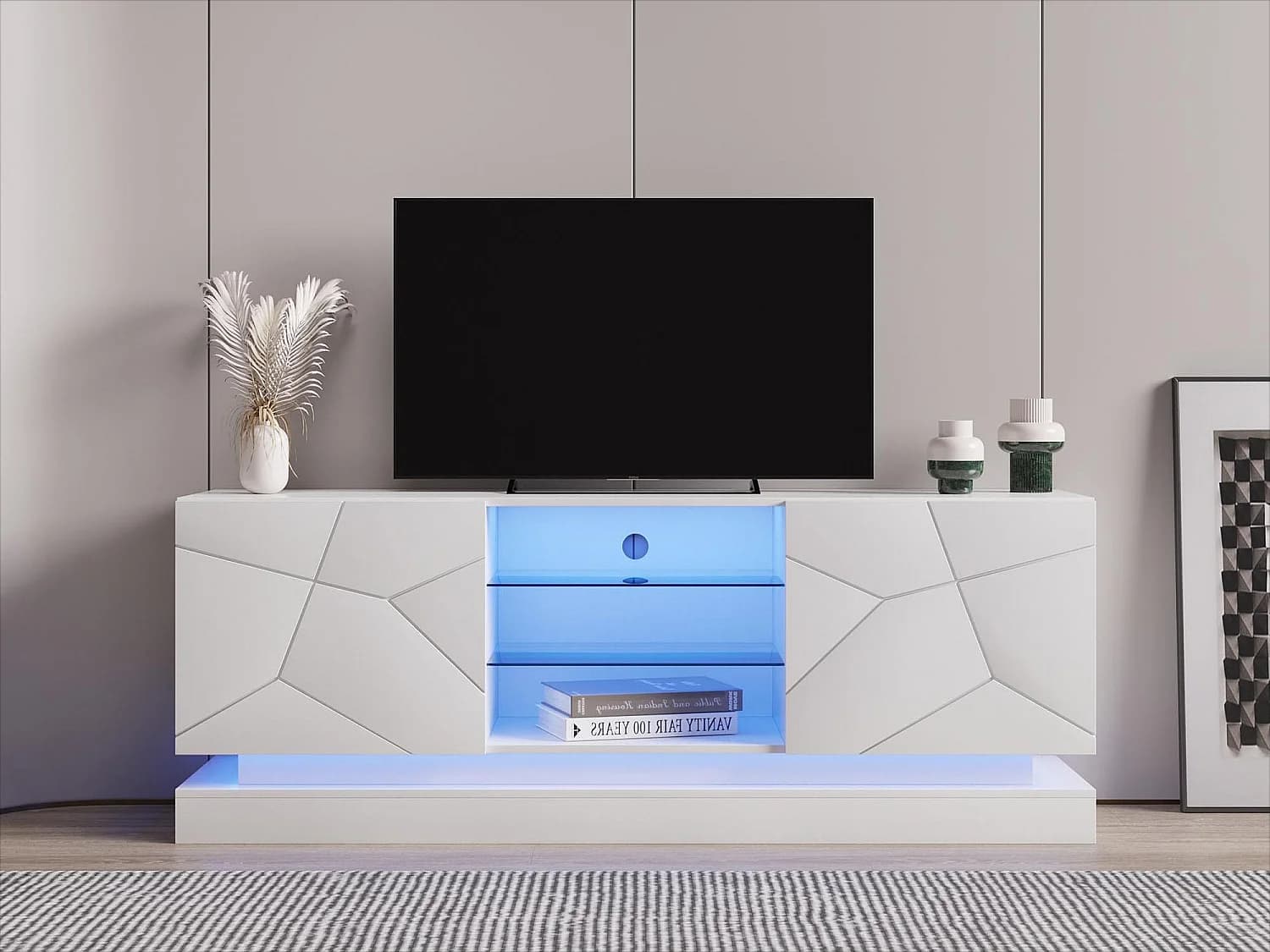 Meuble TV en bois avec 2 portes - étagère en verre réglable - LEDs - style moderne- blanc brillant