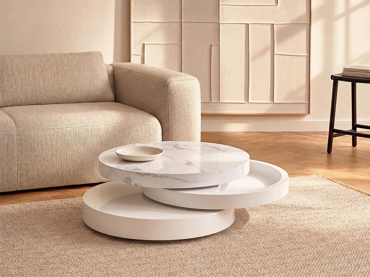 Table basse pivotante ronde avec 1 niche en MDF - Effet marbre blanc et blanc laqué - JANITA