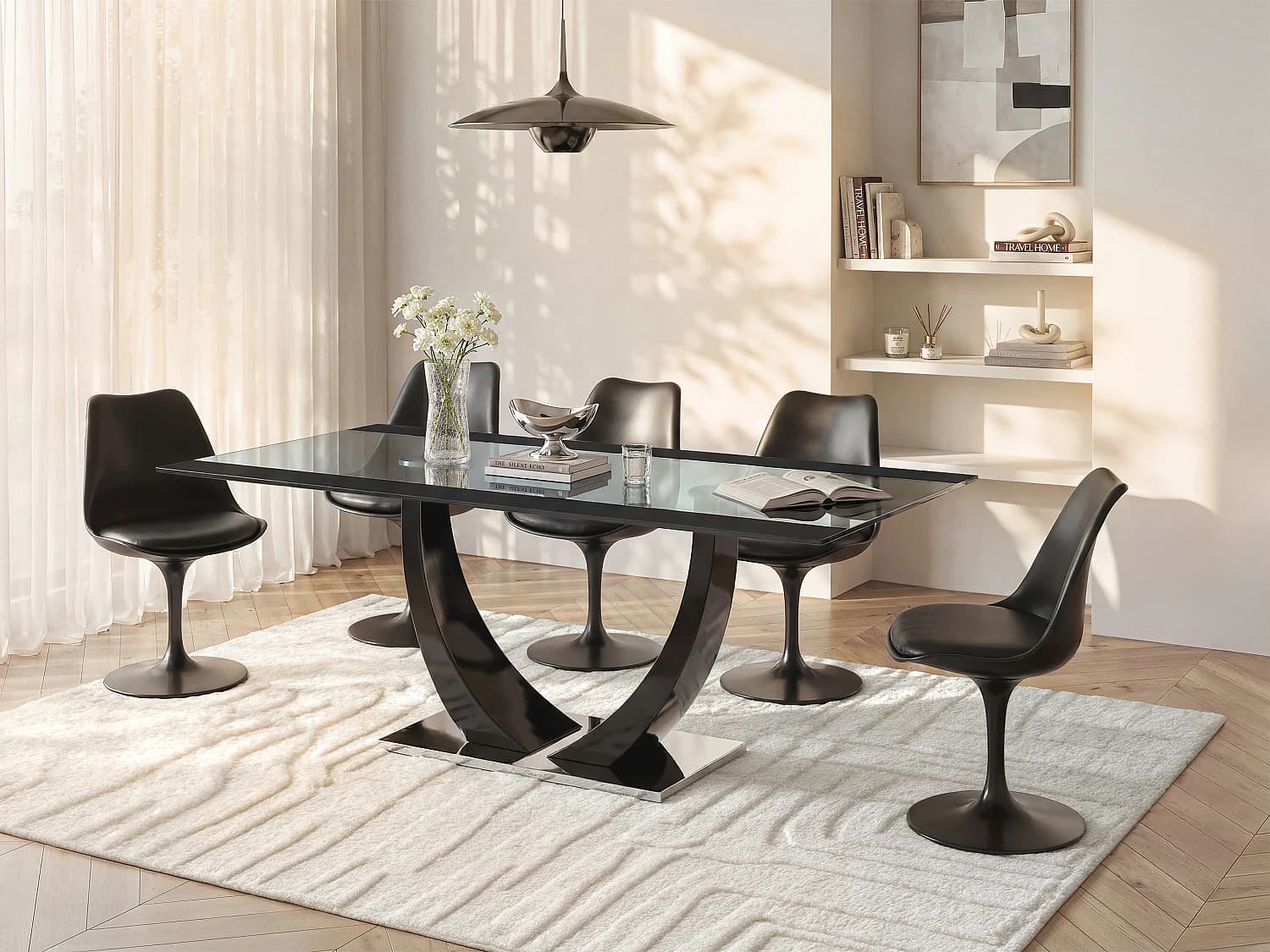 Table à manger 8 personnes en verre trempé, MDF et acier inoxydable - Noir - MEZZO II