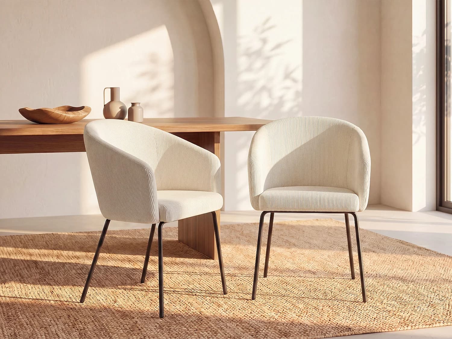 Lot de 2 chaises avec accoudoirs en velours côtelé et métal - Crème - MORONI