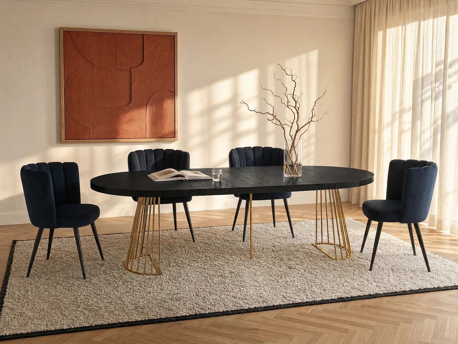 Table à manger extensible 2 à 12 personnes en MDF et acier - Noir et doré - FIRELA
