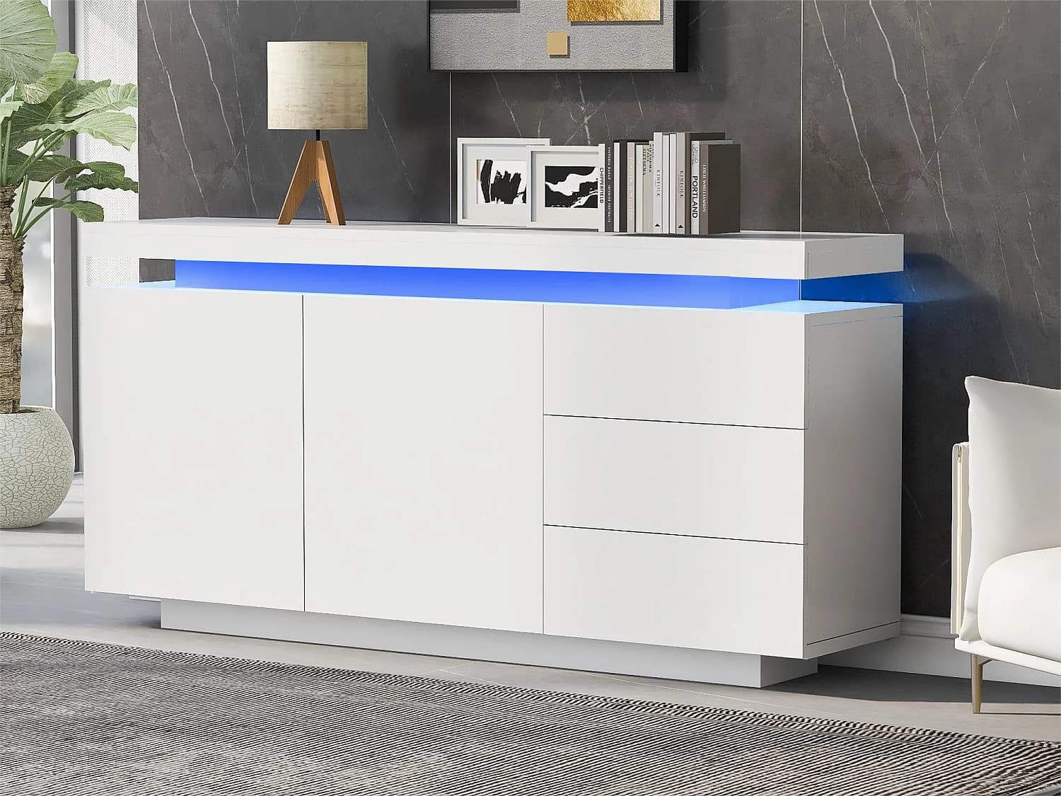 Buffet bas avec 2 portes 3 tiroirs - buffet brillant avec lumière LED - panneaux de particules - blanc
