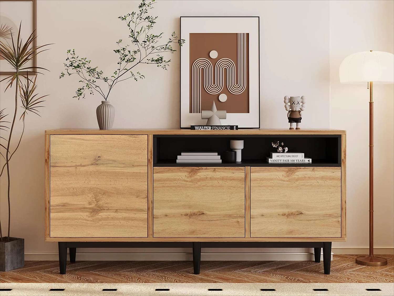 Buffet moderne avec 3 portes et étagère - Bois MDF - coloris naturel et noir - 160 x 35 x 76 cm