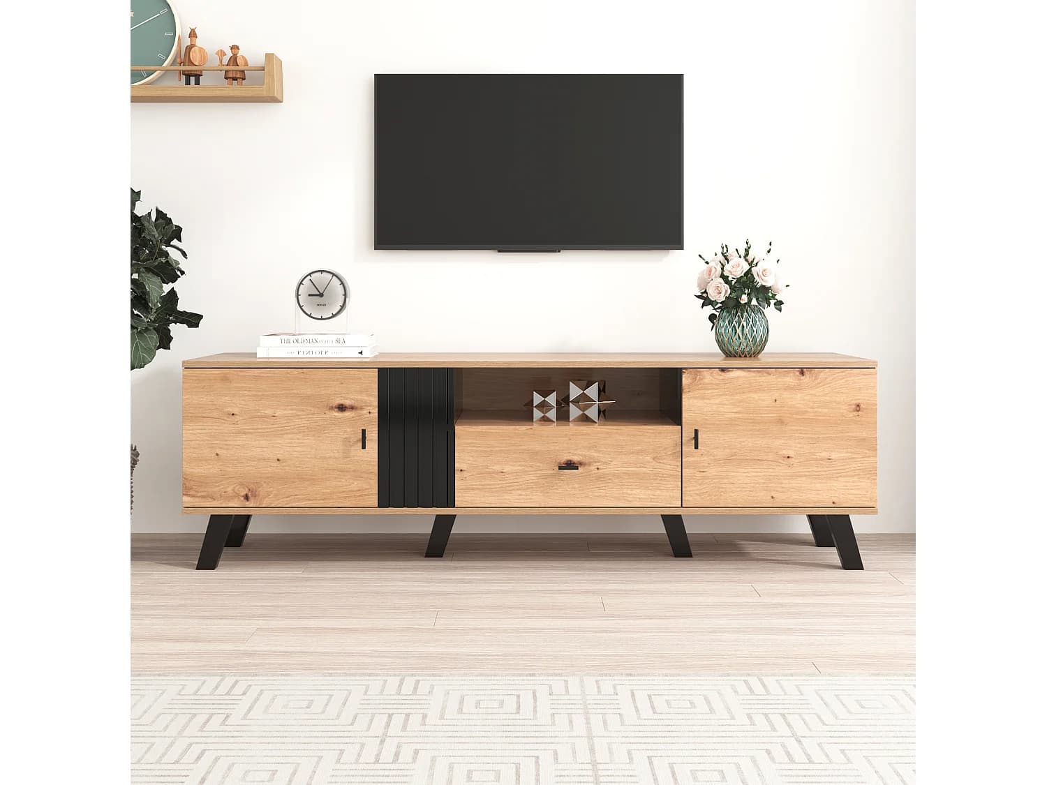 Meuble TV 170 cm avec 2 portes et 1 tiroir - panneaux de particules - coloris: noir et bois naturel